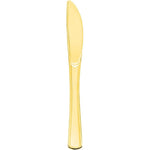Party Essentials disposable plastic cutlery heavy duty gold knives front view on dinner table