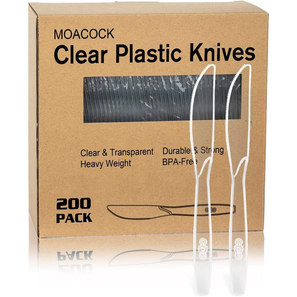 Moacock 200 count clear plastic knives front view heavy duty disposable cutlery