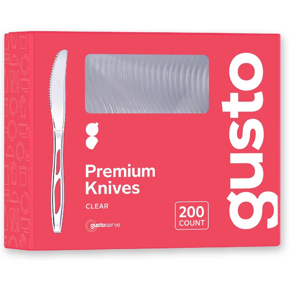 Gusto Premium Heavyweight Disposable Knives 200 count box front view for event catering.
