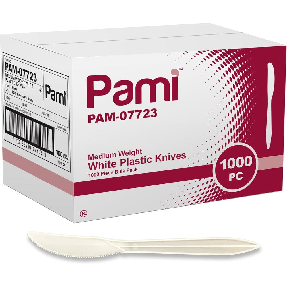 PAMI disposable plastic knives bulk box front view