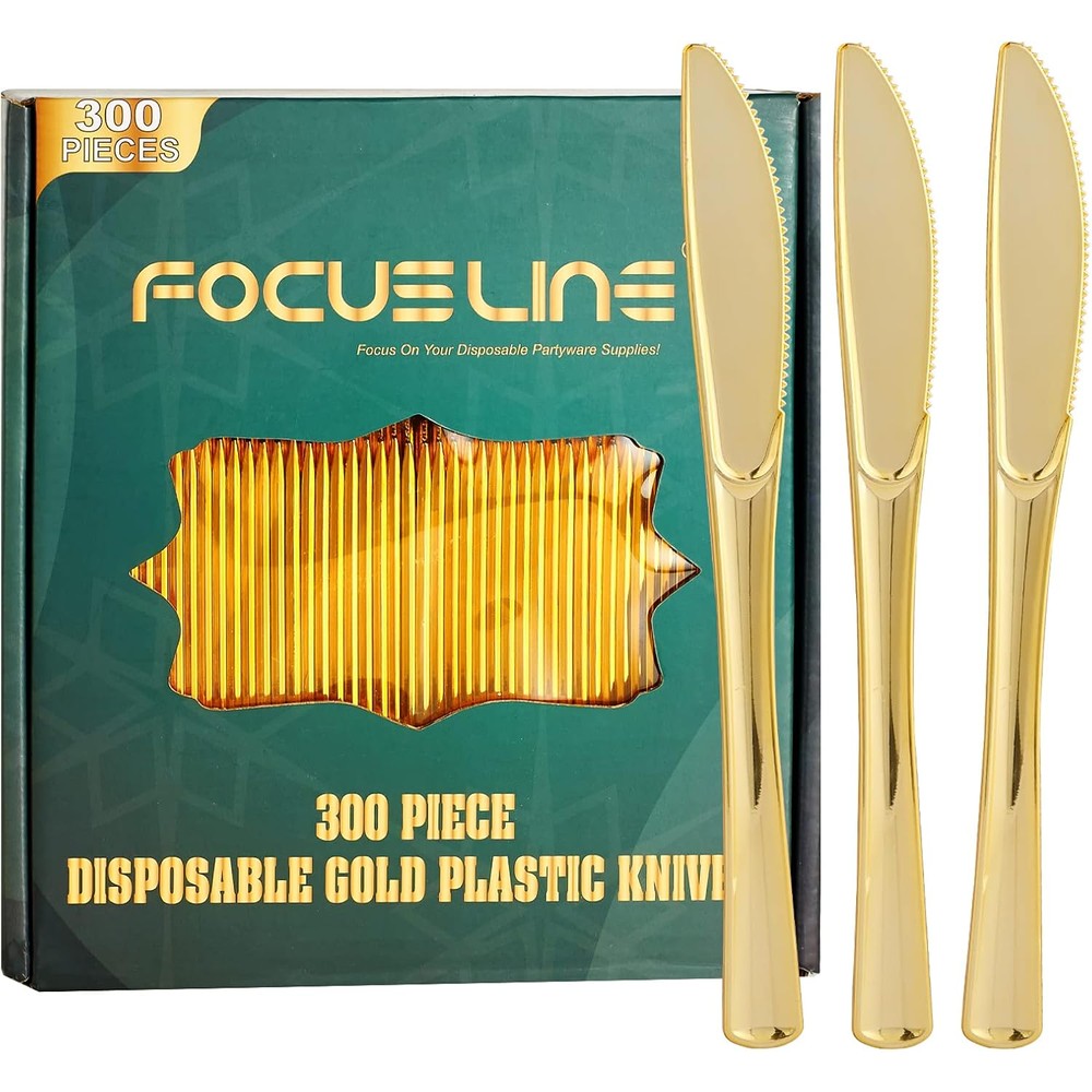 FOCUSLINE 300 Pack Gold Plastic Knives front view for wedding catering.