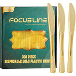 FOCUSLINE 300 Pack Gold Plastic Knives front view for wedding catering.