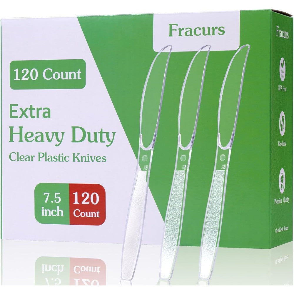 Fracurs heavy duty plastic knives 120 count front view package for catering