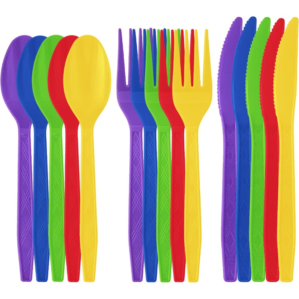 Sveikie 150 Piece Disposable Rainbow Plastic Silverware Set front view showcasing vibrant neon forks knives and spoons