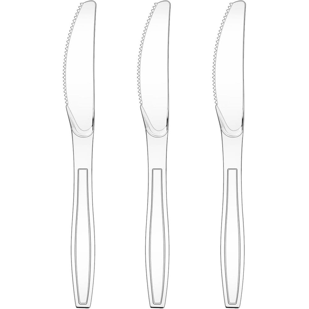 Wrapok clear disposable plastic knives front view premium party tableware bulk pack
