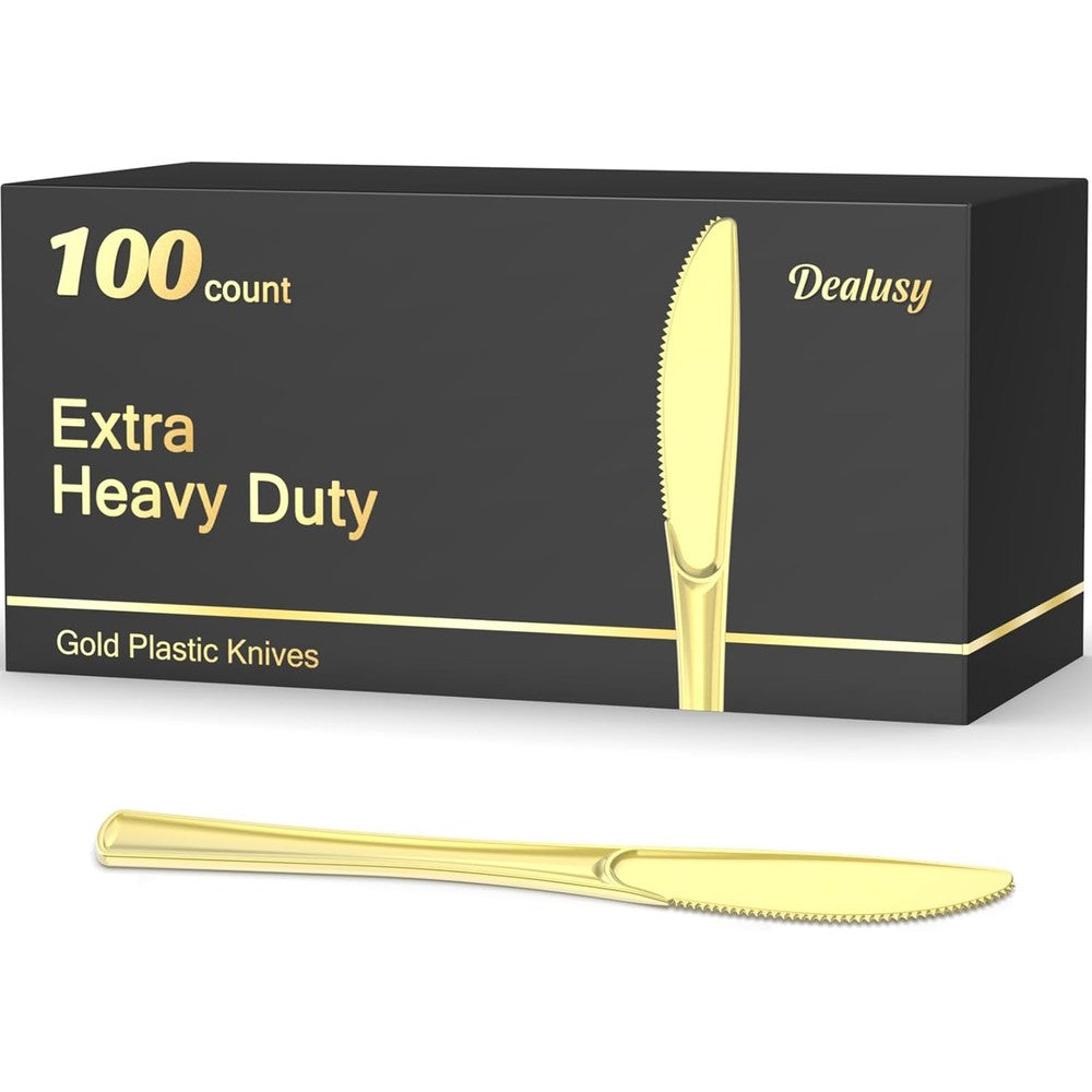 Dealusy heavy duty gold plastic knives 100 count pack front view box display