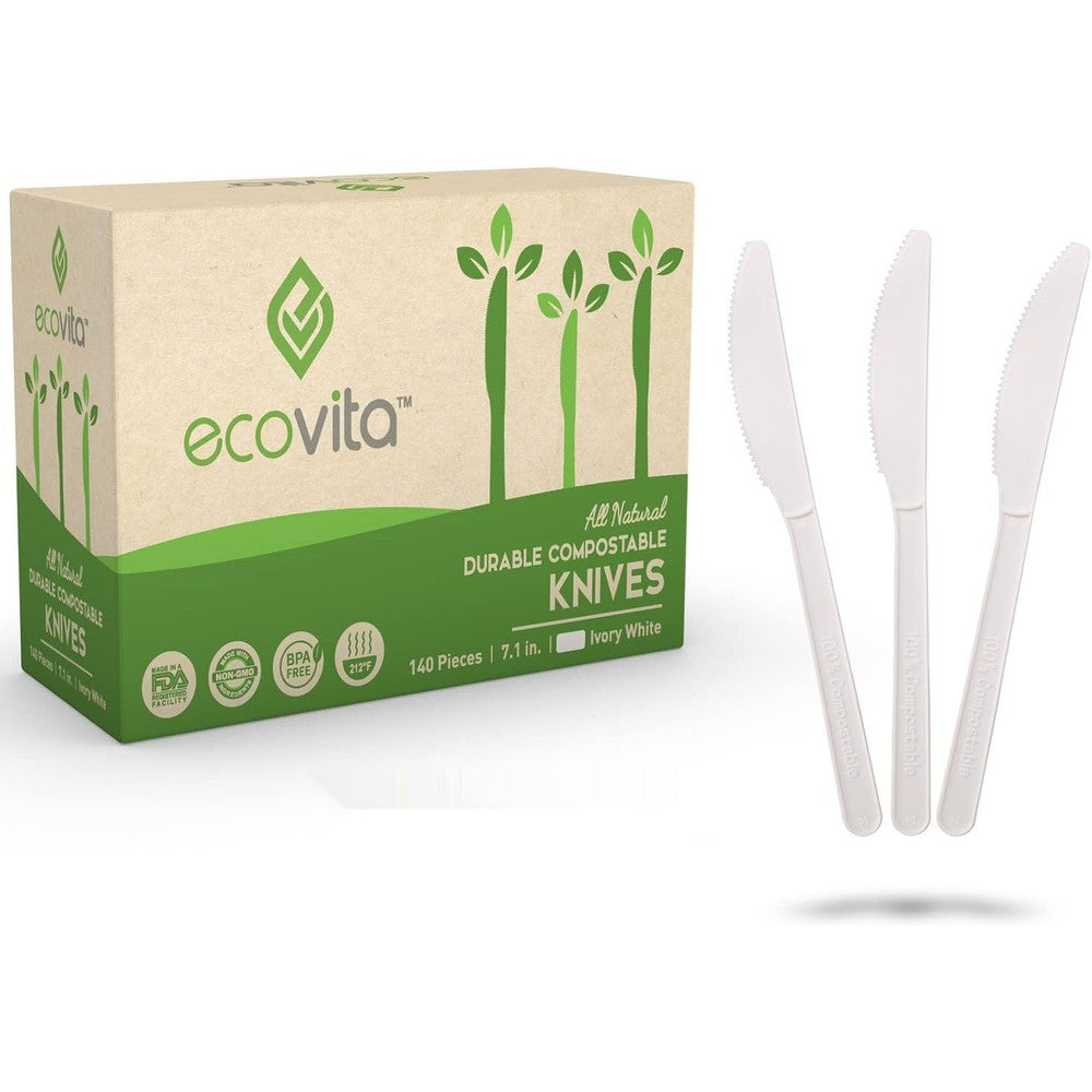 Ecovita 100% Compostable Knives front view of 140 count box.