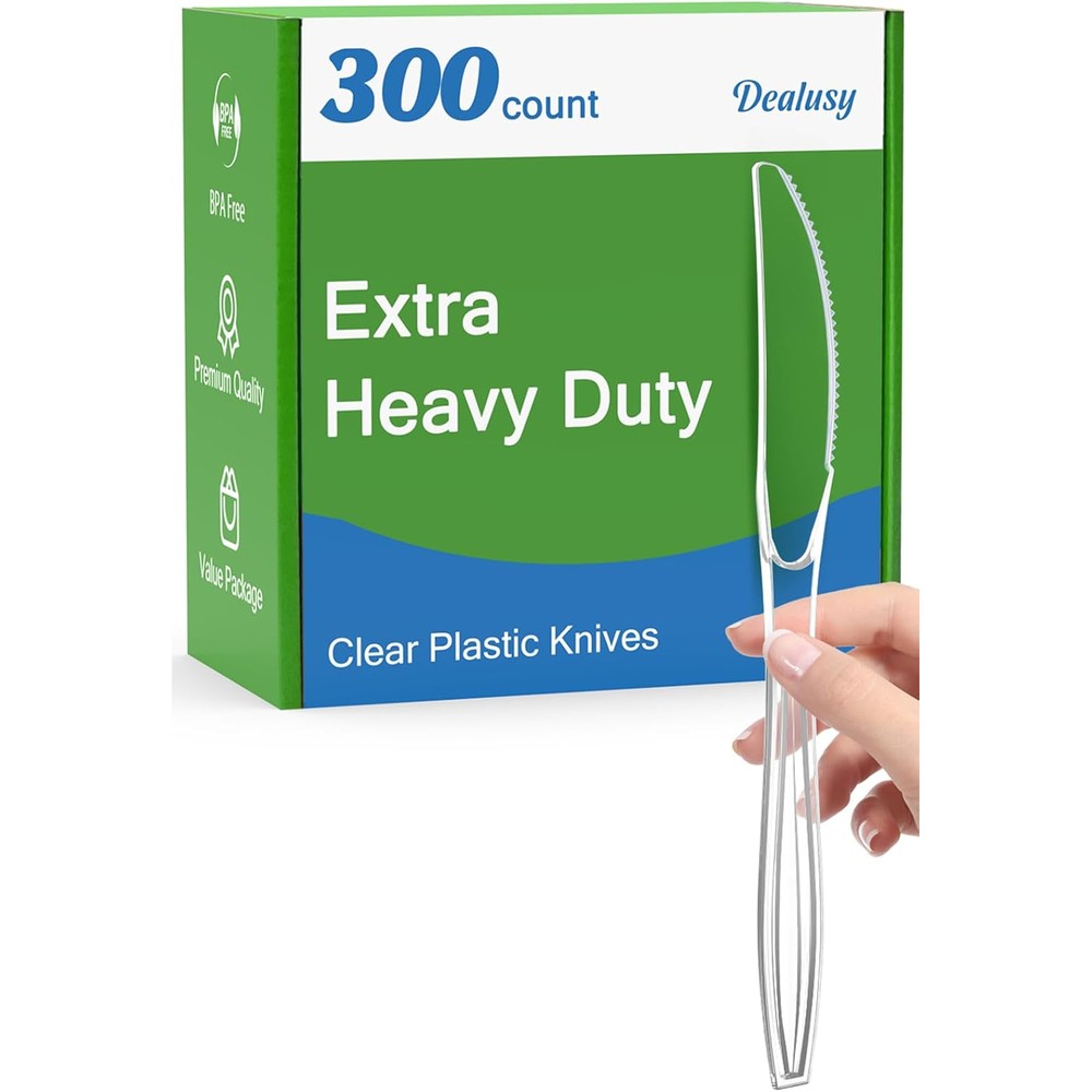 Dealusy extra heavy duty clear plastic knives 300 count bulk pack front view for catering supplies.