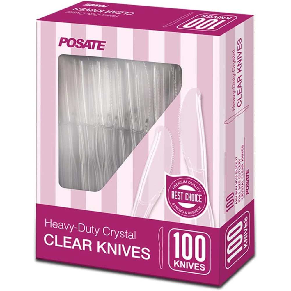 POSATE Clear Knives front view heavy duty plastic cutlery.