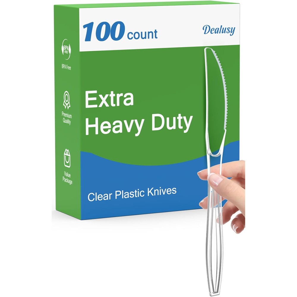 Dealusy extra heavy duty clear plastic knives front view stack for party supplies