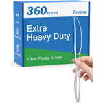 Dealusy extra heavy duty clear plastic knives 360 count box front view premium catering cutlery