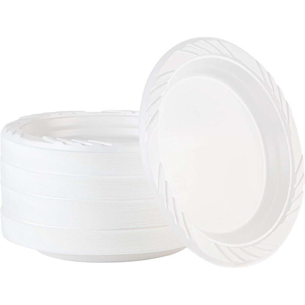 Plasticpro 100 Count White Plastic Dessert Plates front view showing ribbed edge design.