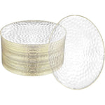 R-kay clear plastic plates with gold rim front view for wedding catering.