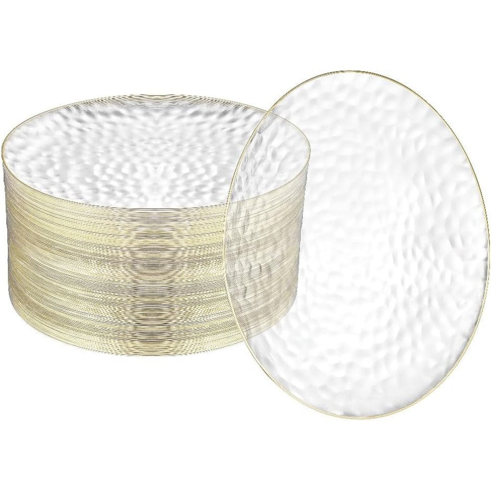 R-kay clear plastic plates with gold rim front view for wedding catering.