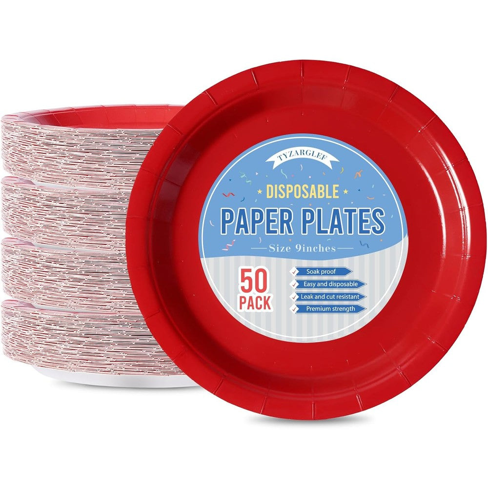 Tyzarglef Red Disposable Paper Plates front view for party supplies.
