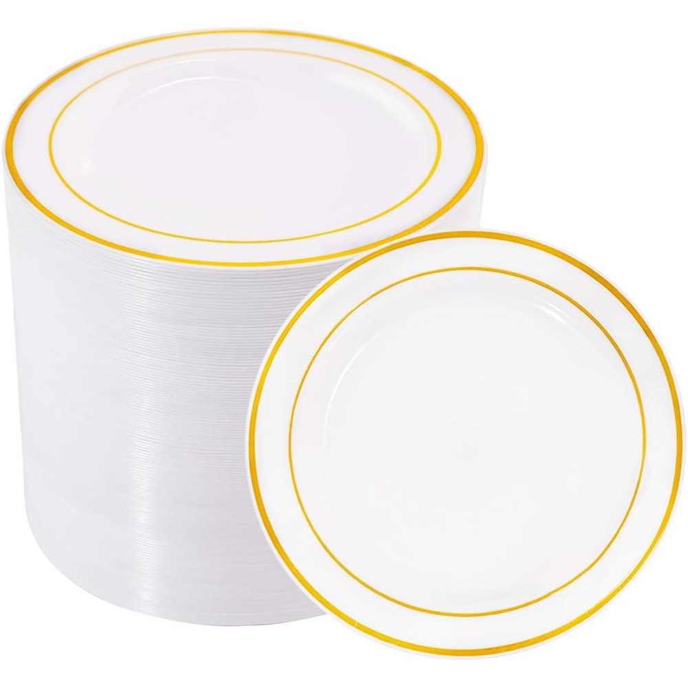 bUCLA 100 Pieces Gold Plastic Plates front view for wedding catering