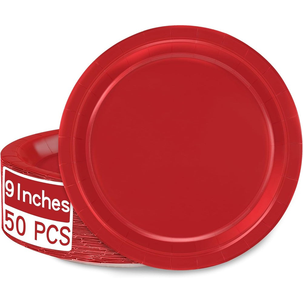 QZYL Red Paper Plates 50 piece pack front view for party supplies