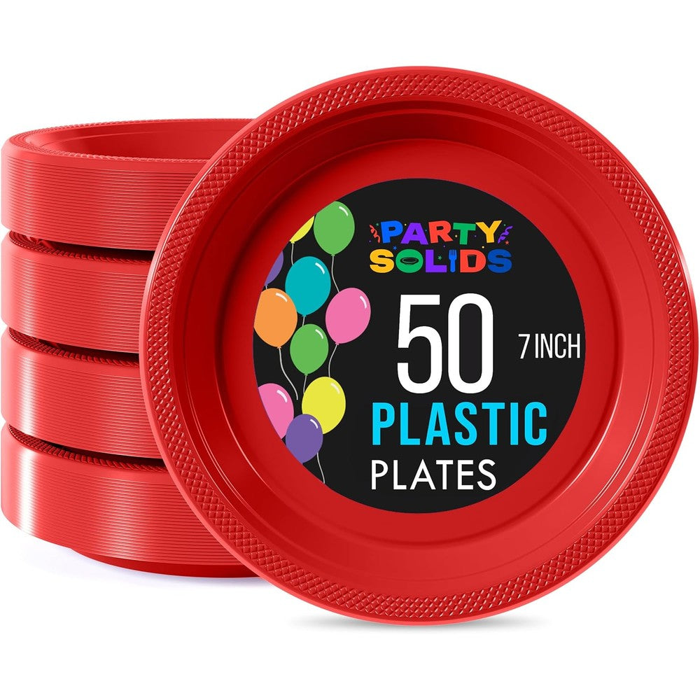 Exquisite Red Plastic Plates front view heavy duty party dinnerware.