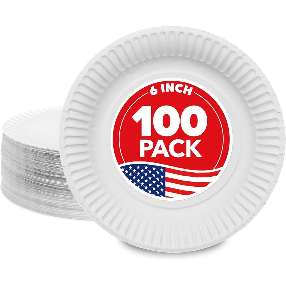Stock Your Home 6-inch white paper plates front view for dessert serving.