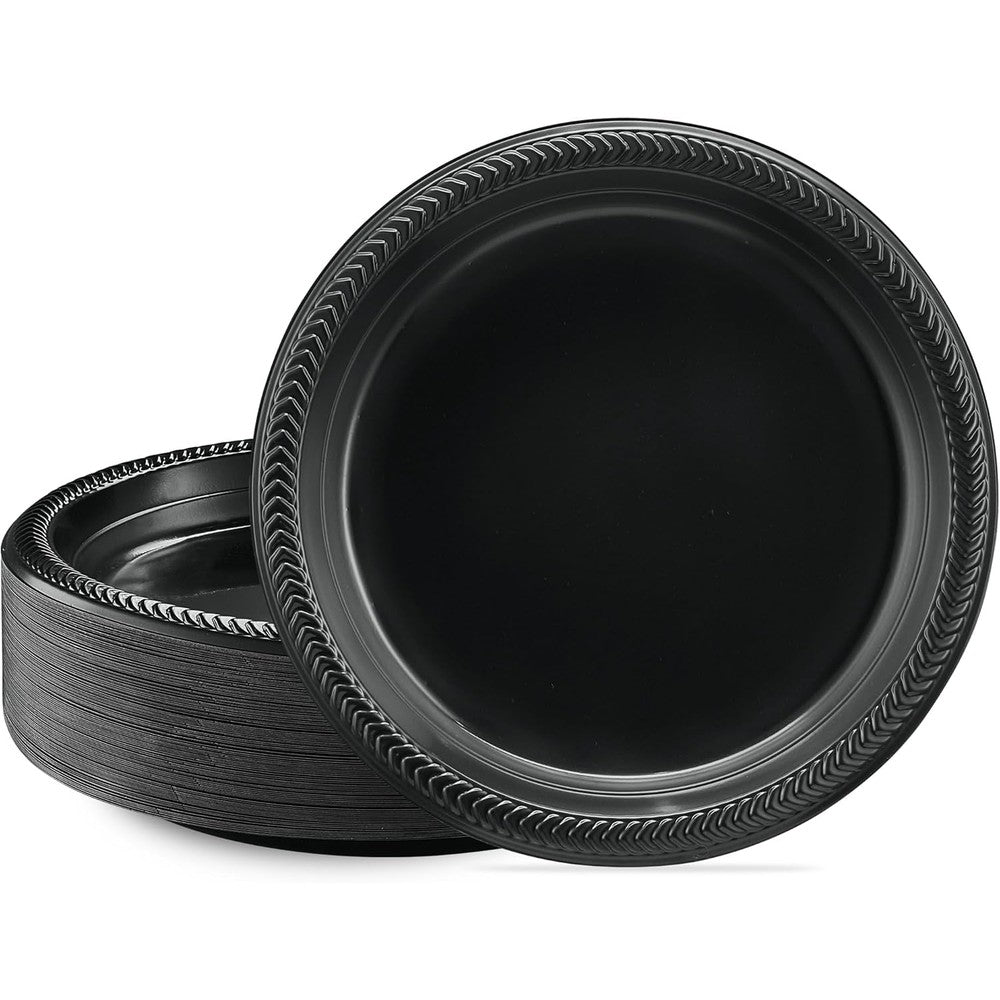 Plasticpro Black Plastic Plates 100 Count front view for party catering.
