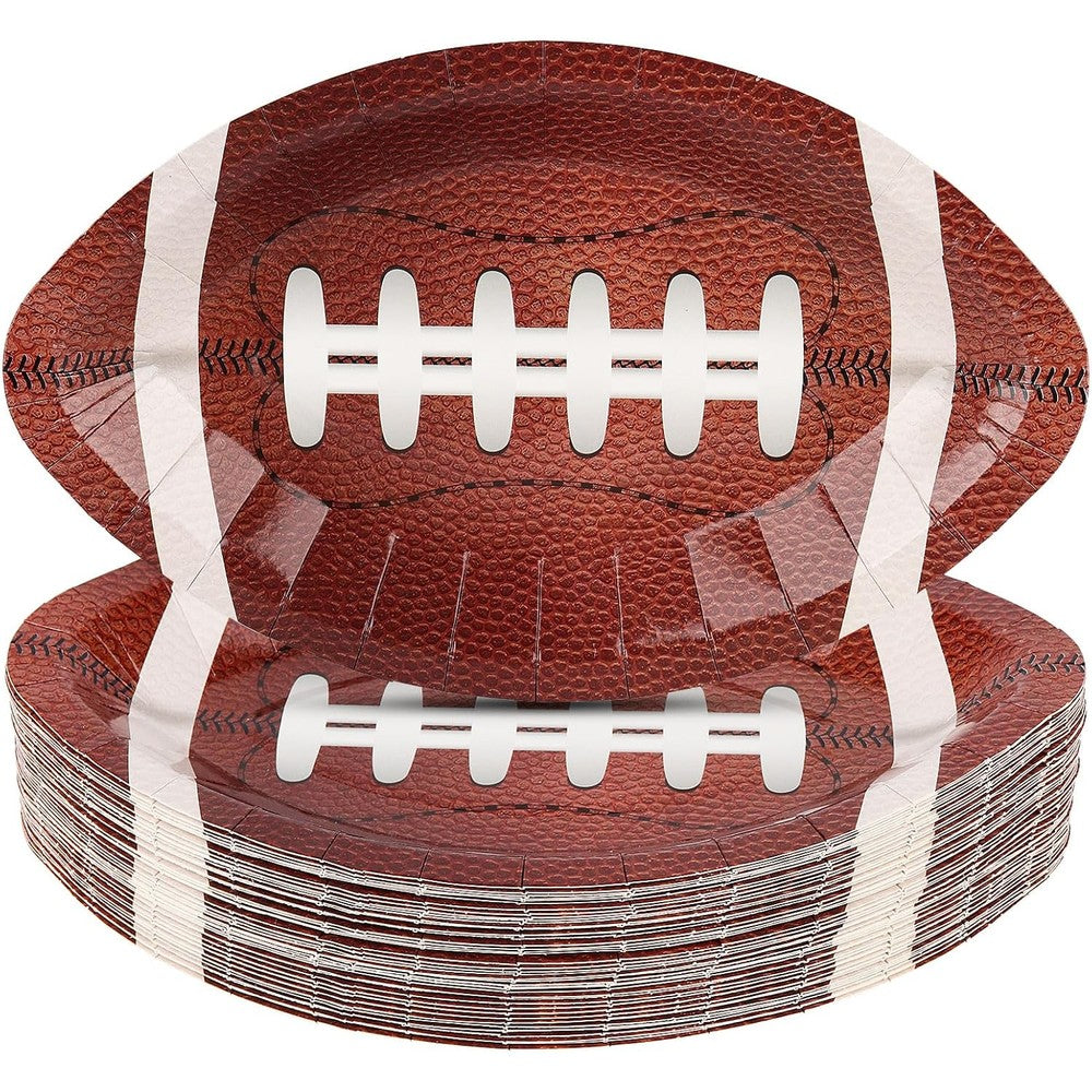 AVONO football party paper plates fifty pack front view displaying authentic brown football design.