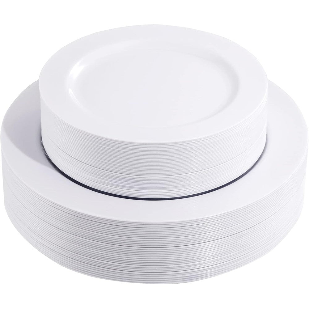 FLOWERCAT 60 Piece White Plastic Plates front view for wedding catering.