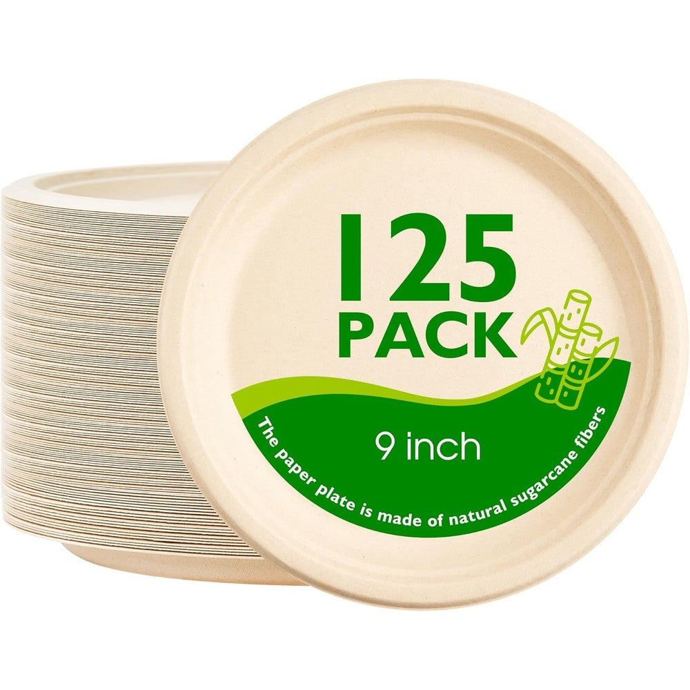 Packinno compostable paper plates 125 count front view showing natural brown sugarcane fibers.