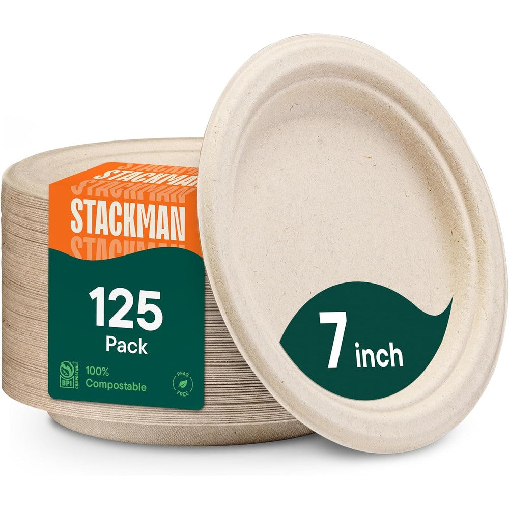 Stack Man 7 inch compostable paper plates 125 pack front view eco friendly tableware