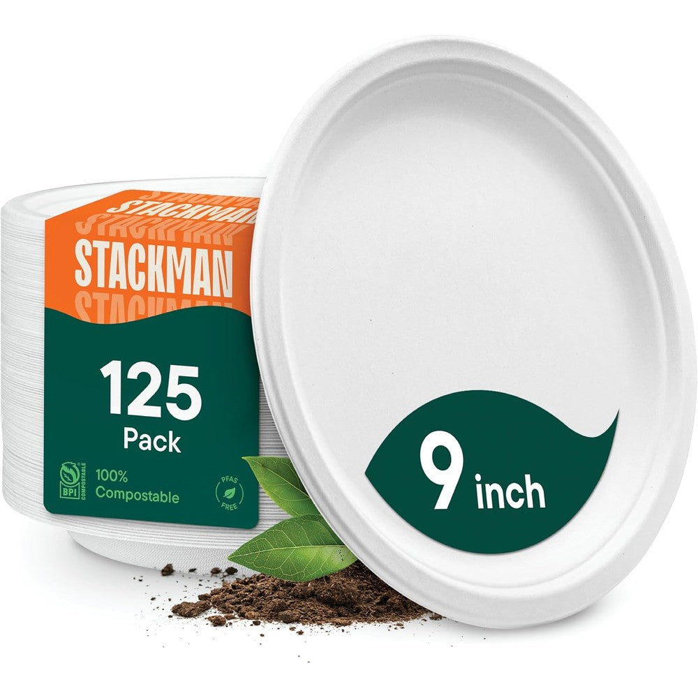 Stack Man 9 inch compostable plates front view heavy duty eco-friendly tableware