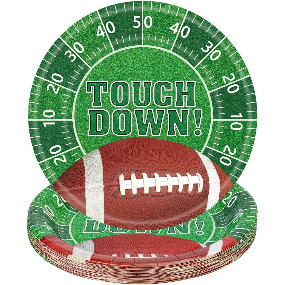 Litmitfu Touchdown Football Paper Plates front view showing green field graphic