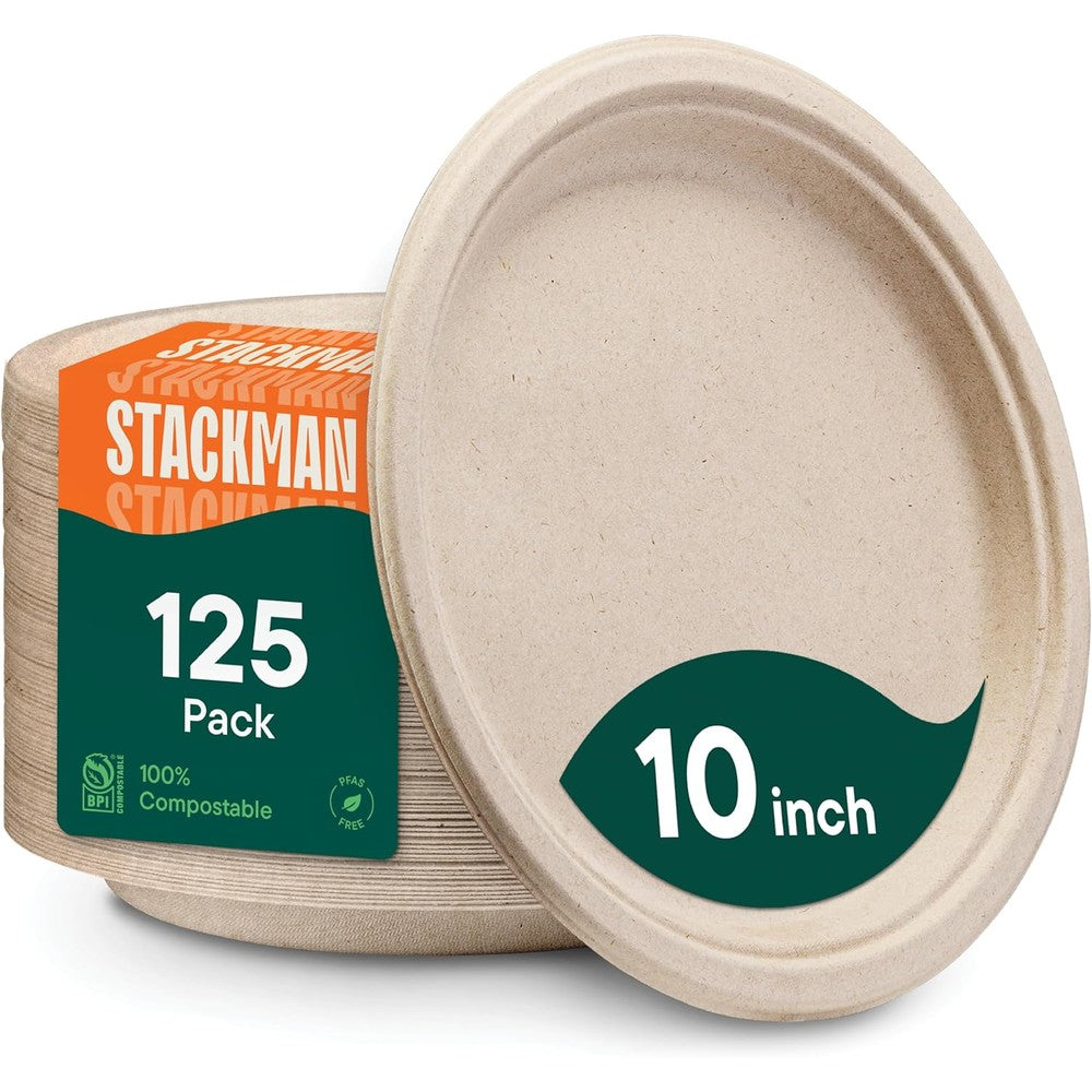 Stack Man compostable paper plates 125 pack front view eco-friendly dinnerware.