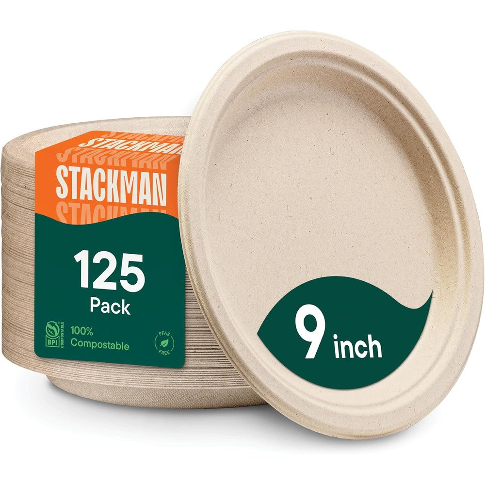 Stack Man 100% Compostable 9 Inch Paper Plates front view 125 count pack