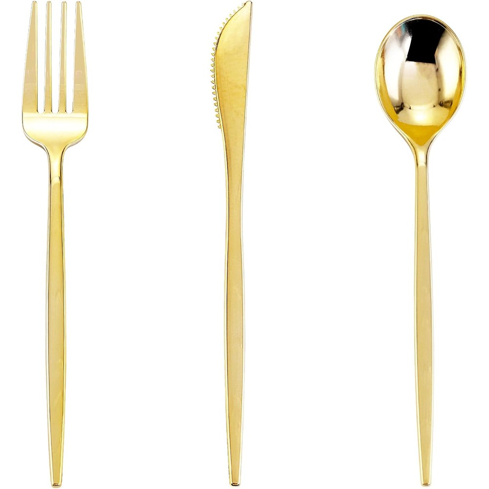 PULOTE gold plastic silverware 150 pieces front view box packaging