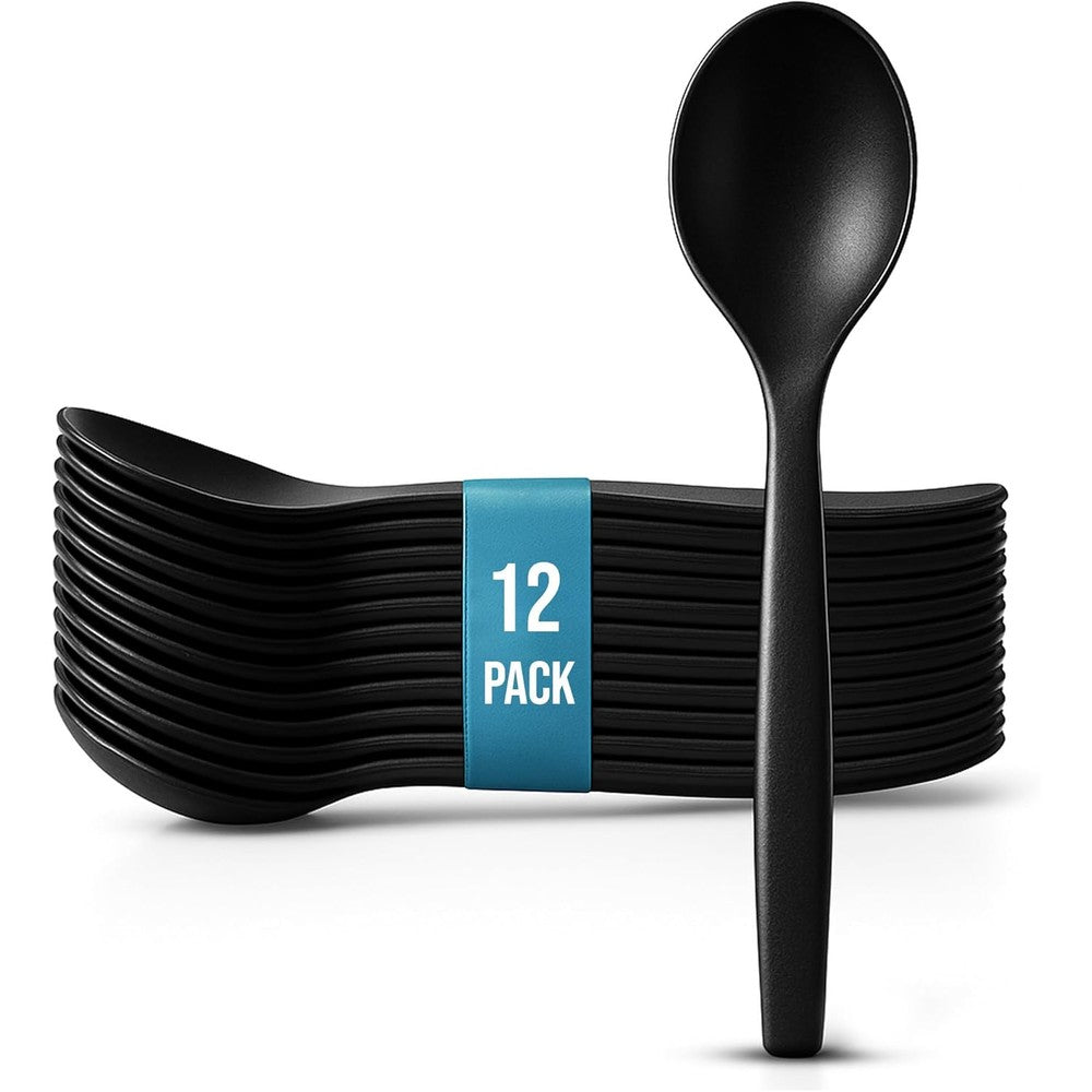 C&S Event Supply 10 inch black plastic serving spoons front view for buffet catering