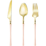 Lullaby gold plastic silverware set front view featuring elegant pink handles on premium disposable cutlery.