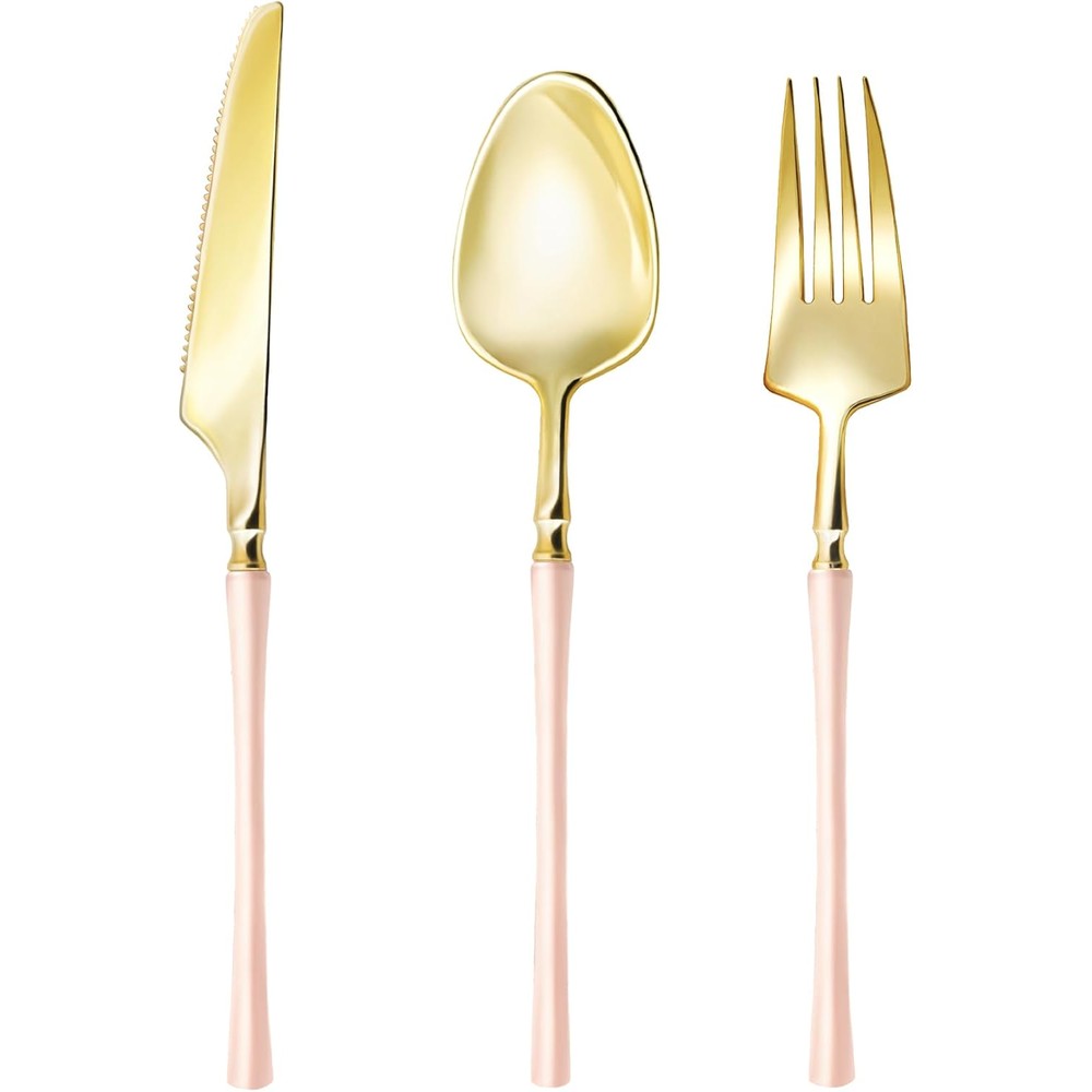 Lullaby gold plastic silverware set front view featuring elegant pink handles on premium disposable cutlery.