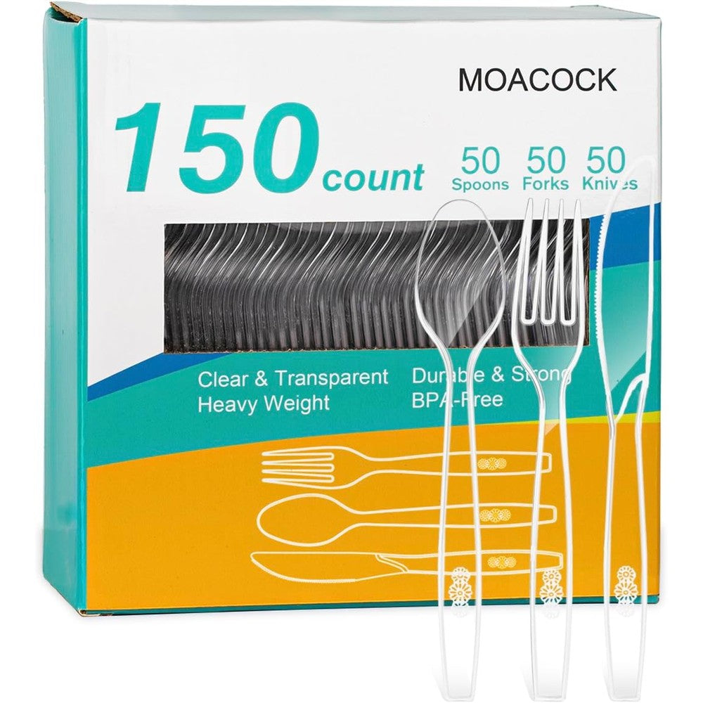 MOACOCK clear plastic silverware front view of full 150 piece disposable cutlery set