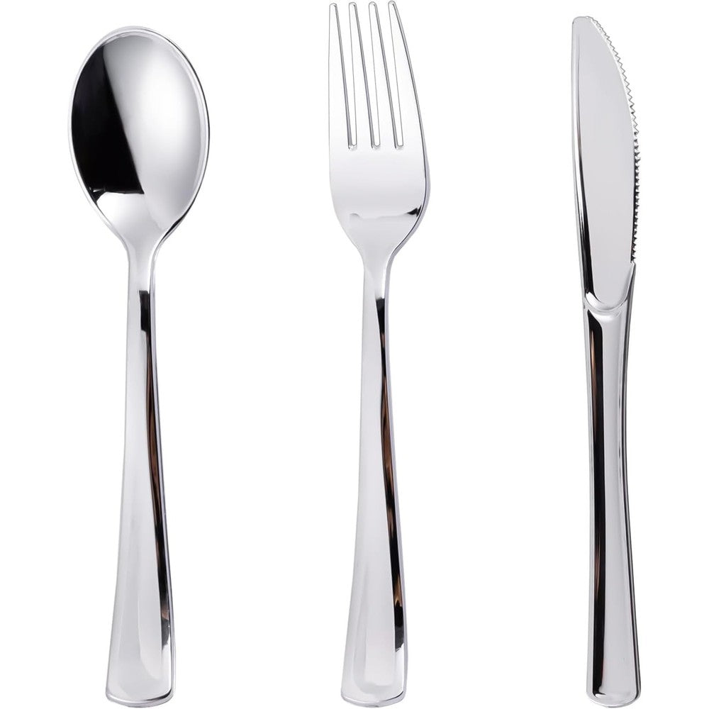 N9R silver plastic silverware set front view premium disposable cutlery for wedding banquets