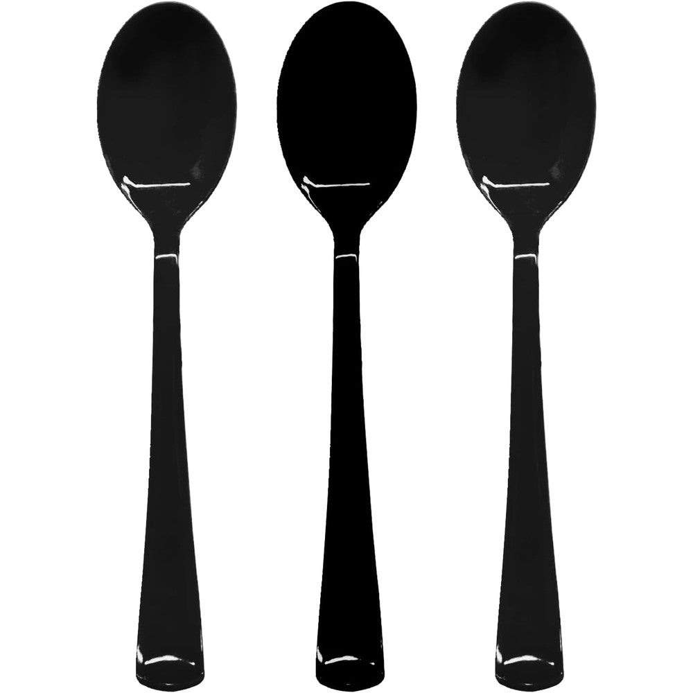 Joy Akkess black plastic spoons 50 count pack front view premium catering cutlery