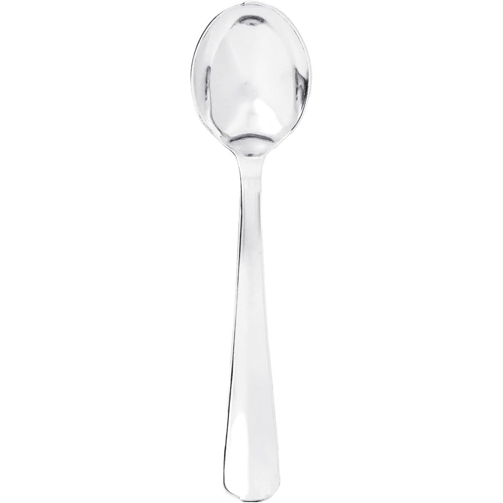 Party Essentials disposable silver soup spoons front view on a set dinner table.