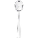 Party Essentials disposable silver soup spoons front view on a set dinner table.