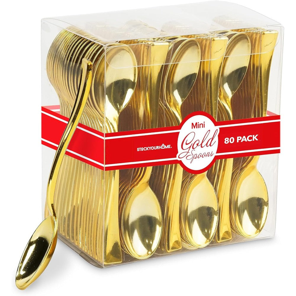 Stock Your Home gold plastic mini spoons front view pack for dessert catering