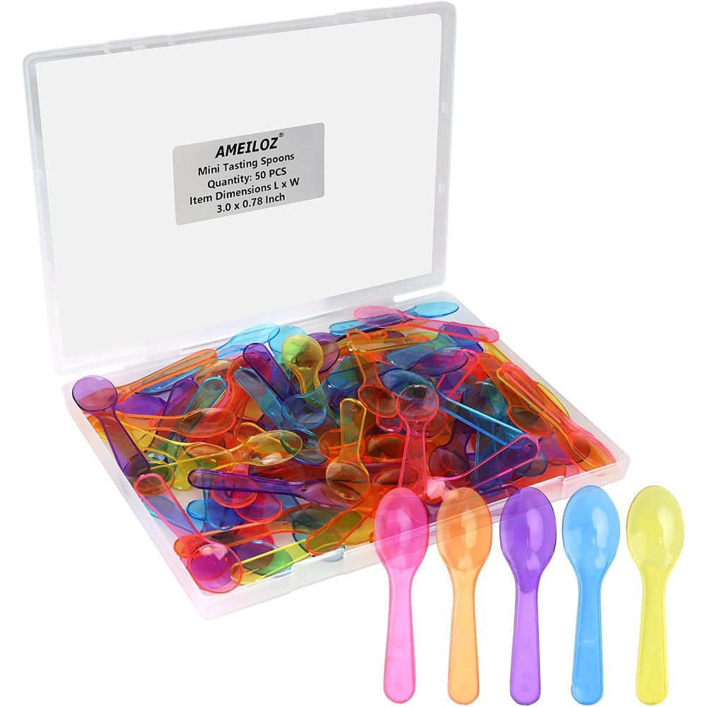 Ameiloz 3 inch mini tasting spoons assorted colors front view packaging