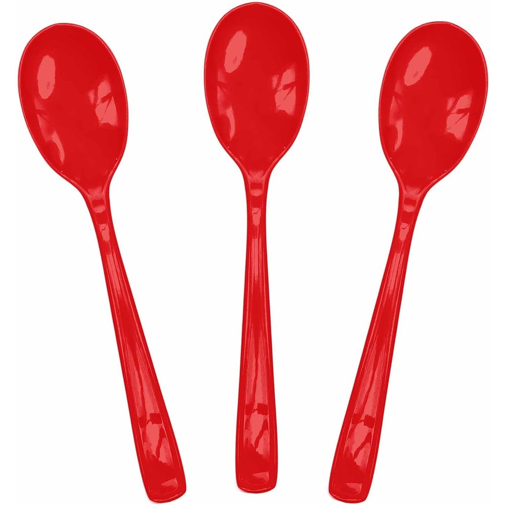 SietDESEO red plastic spoons disposable cutlery set front view for party planning