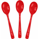SietDESEO red plastic spoons disposable cutlery set front view for party planning