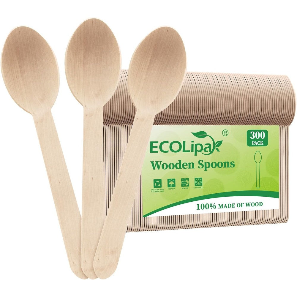 ECOLipak wooden disposable spoons 300 count box front view premium catering cutlery