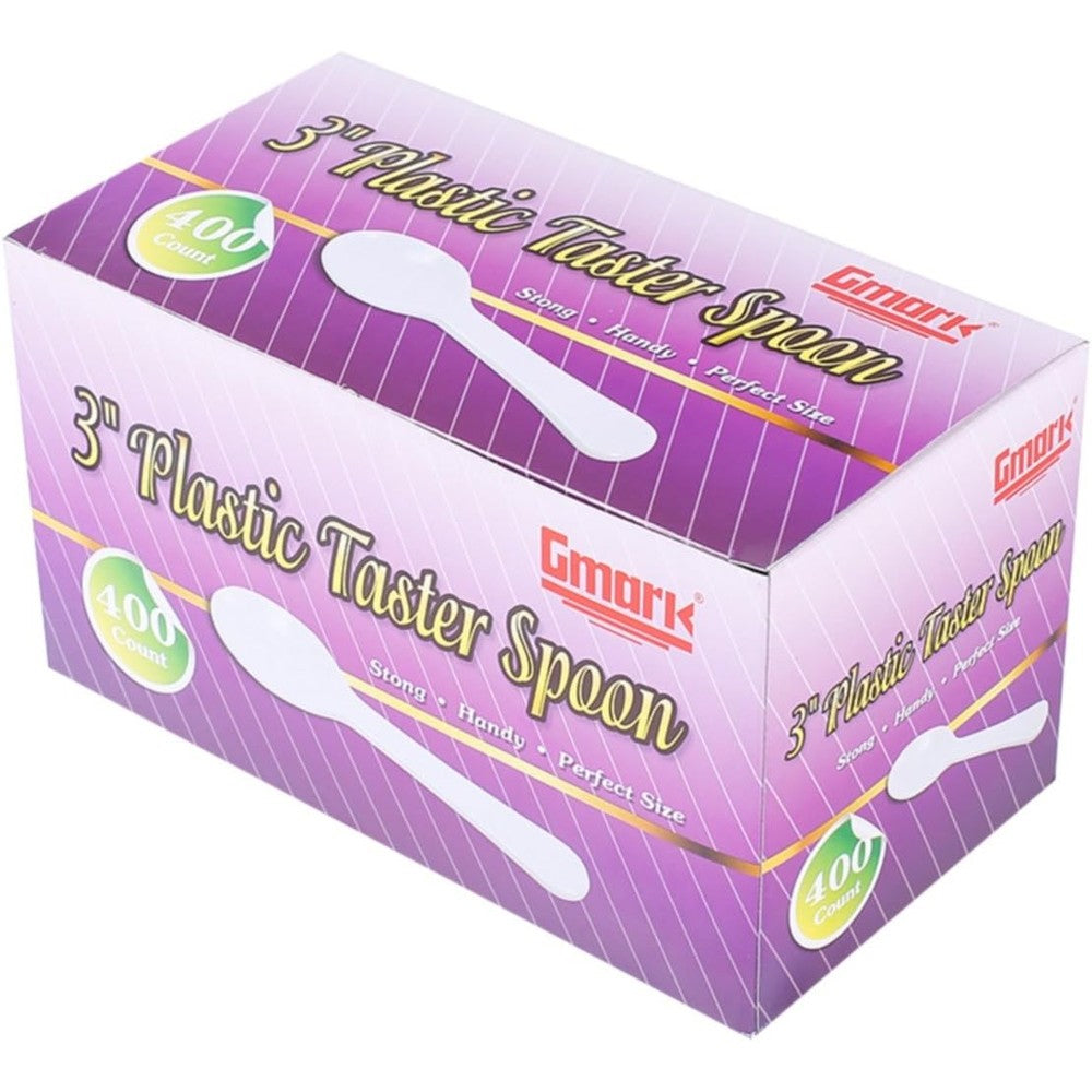 Gmark white mini tasting spoons 400 count box front view