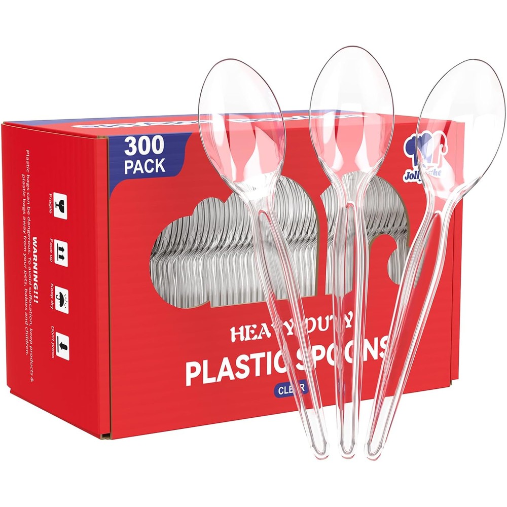 Jolly Chef clear plastic spoons front view showing heavy duty build