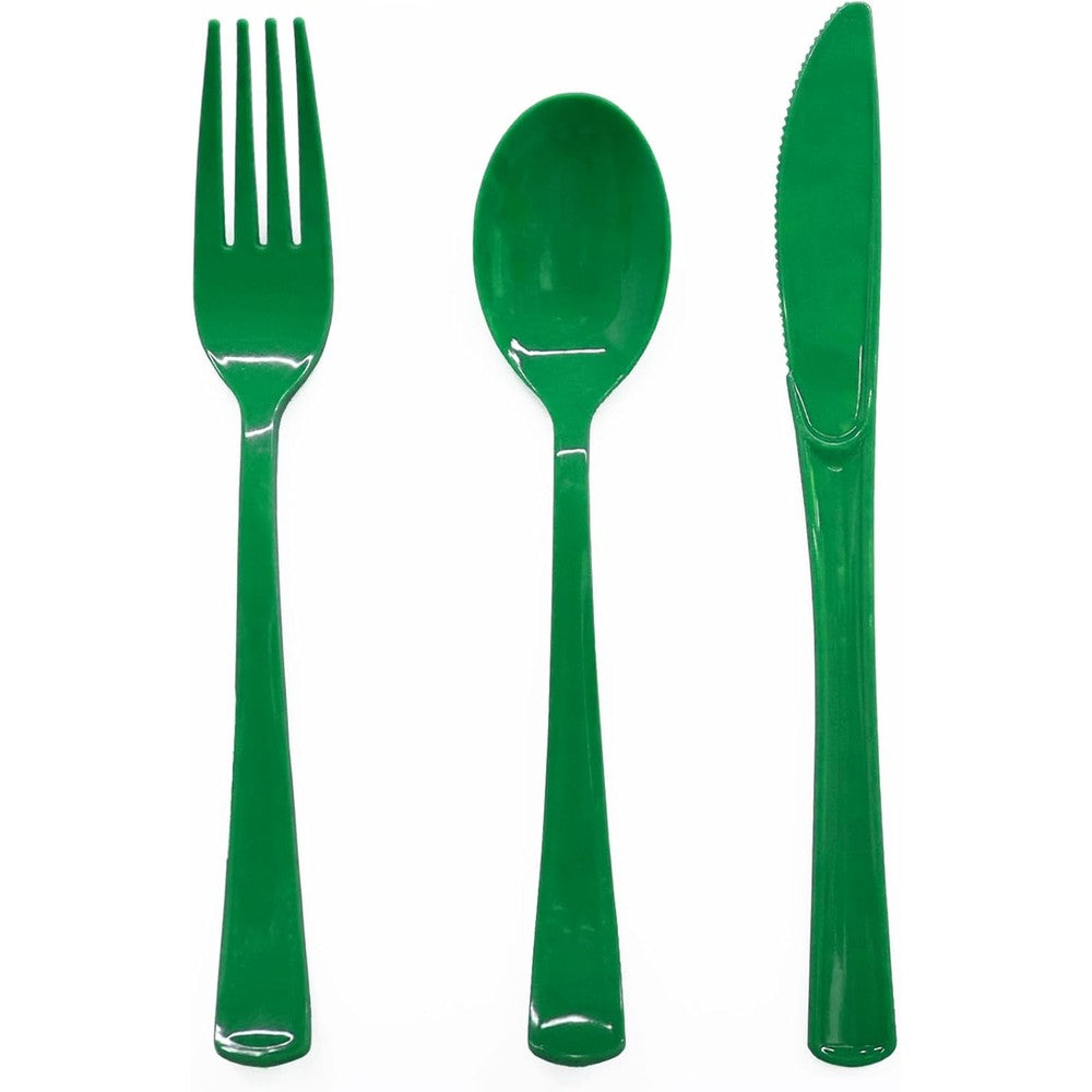 Joy Akkess green plastic silverware set front view on festive table setup