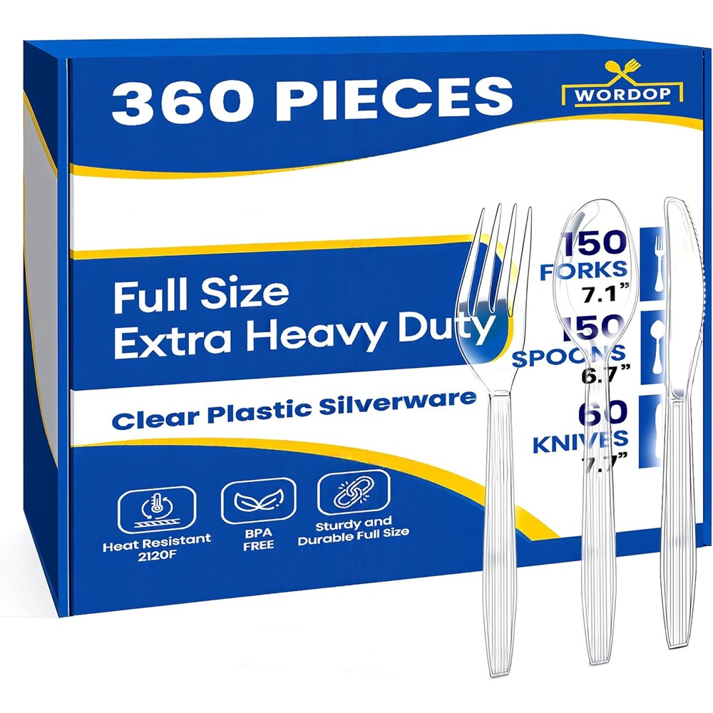 Wordop heavy duty plastic silverware set front view showing clear bulk cutlery packaging.